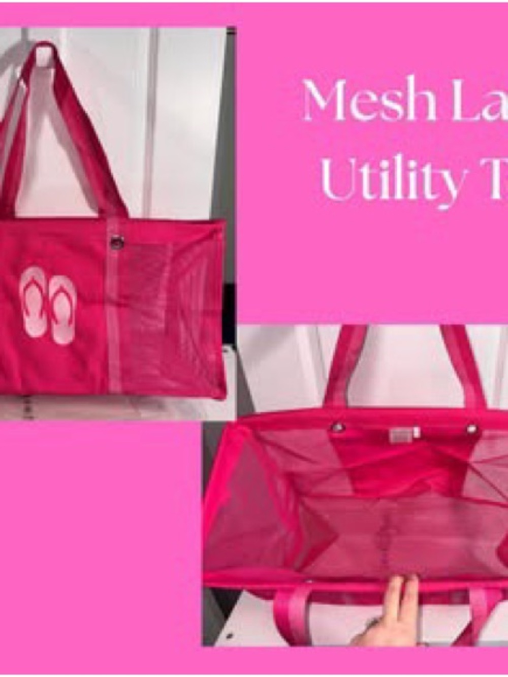 Like New Thirty-One Mesh Large Utility Tote – Neon Pink Flip Flops Embroidery
